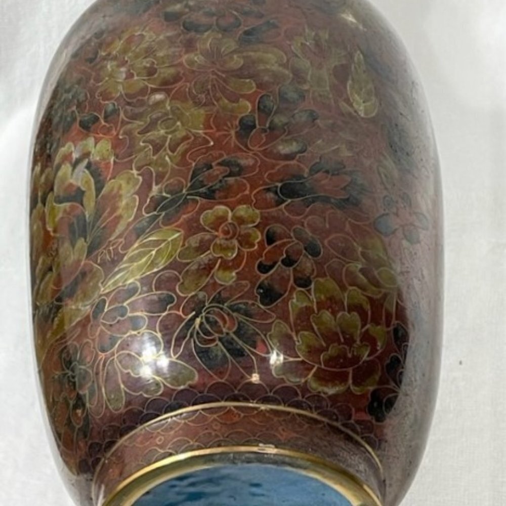 Very large Vintage Chinese brass and cloisonne vase in browns and rust - Picture 8 of 8